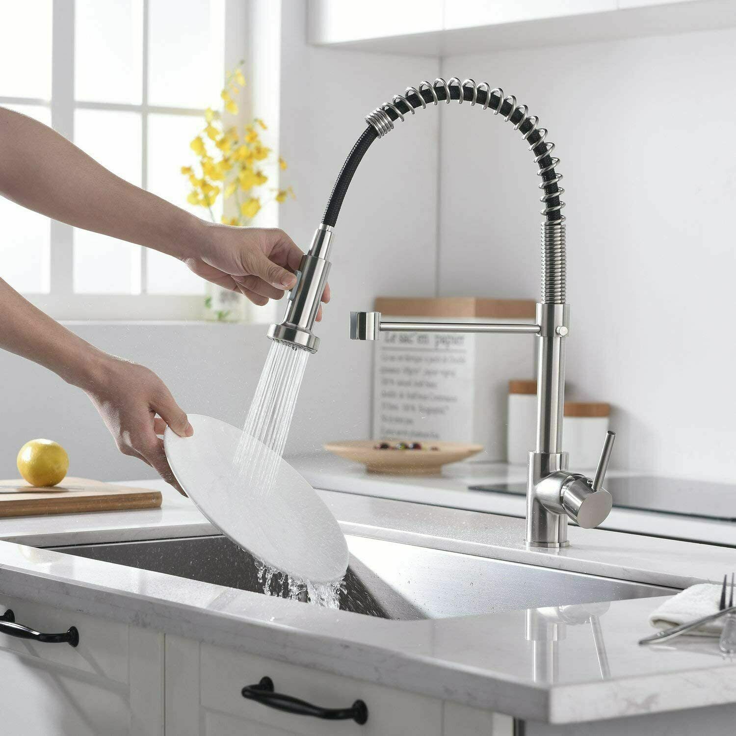 Stainless Steel Kitchen Sink Faucet Swivel Spout Deck Mounted One Hole Mixer Tap