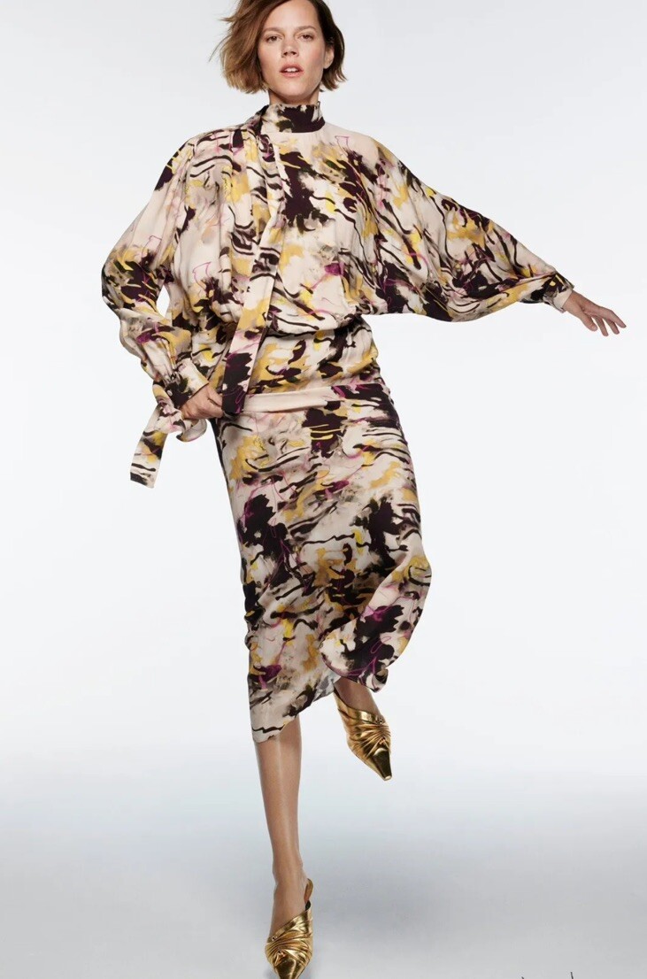 ZARA HIGH NECK LONG SLEEVE PRINTED MIDI DRESS SIZE XS LIMITED Edition | eBay