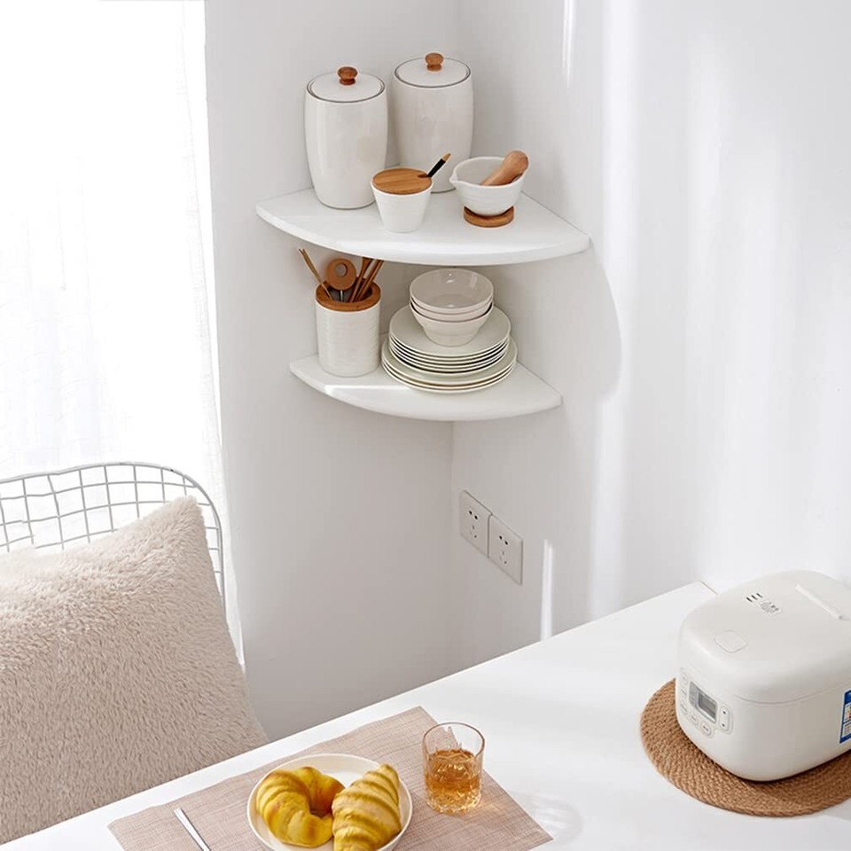 White Corner Shelf, Wall Mount Natural Oak Wood Floating Corner Wall