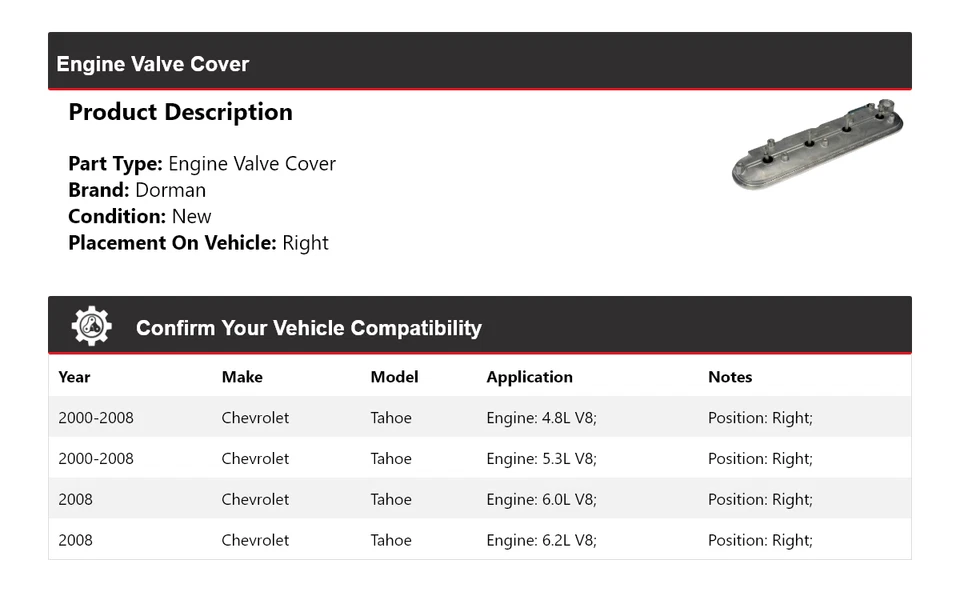 Cubierta de válvula de motor derecha para Chevrolet Tahoe Dorman 2000-2008 2001 2002 2003 Foto 2 de 4