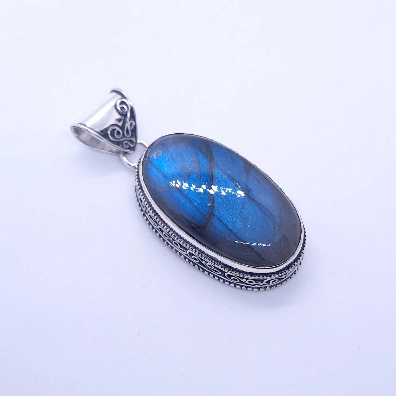 VETEMENTS Ciondolo Placcato Argento Sterling 925 Pietra Preziosa Labradorite Blu 2 1 4"