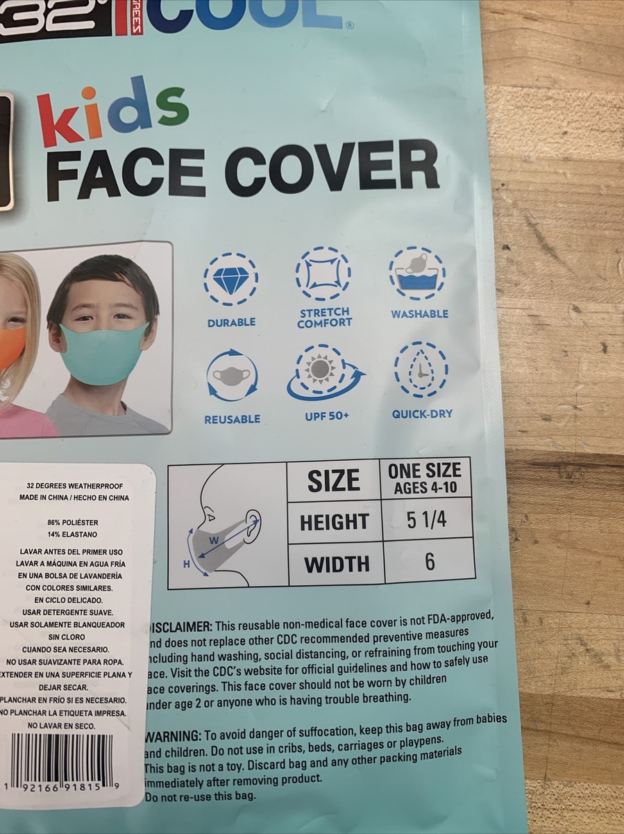 Kids Face Mask Cover 32 DEGREES COOL UNISEX One Size 4 Pack