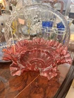Cranberry Red Glass Vintage Candy Dish Floral Brides Basket with Twisted Handle