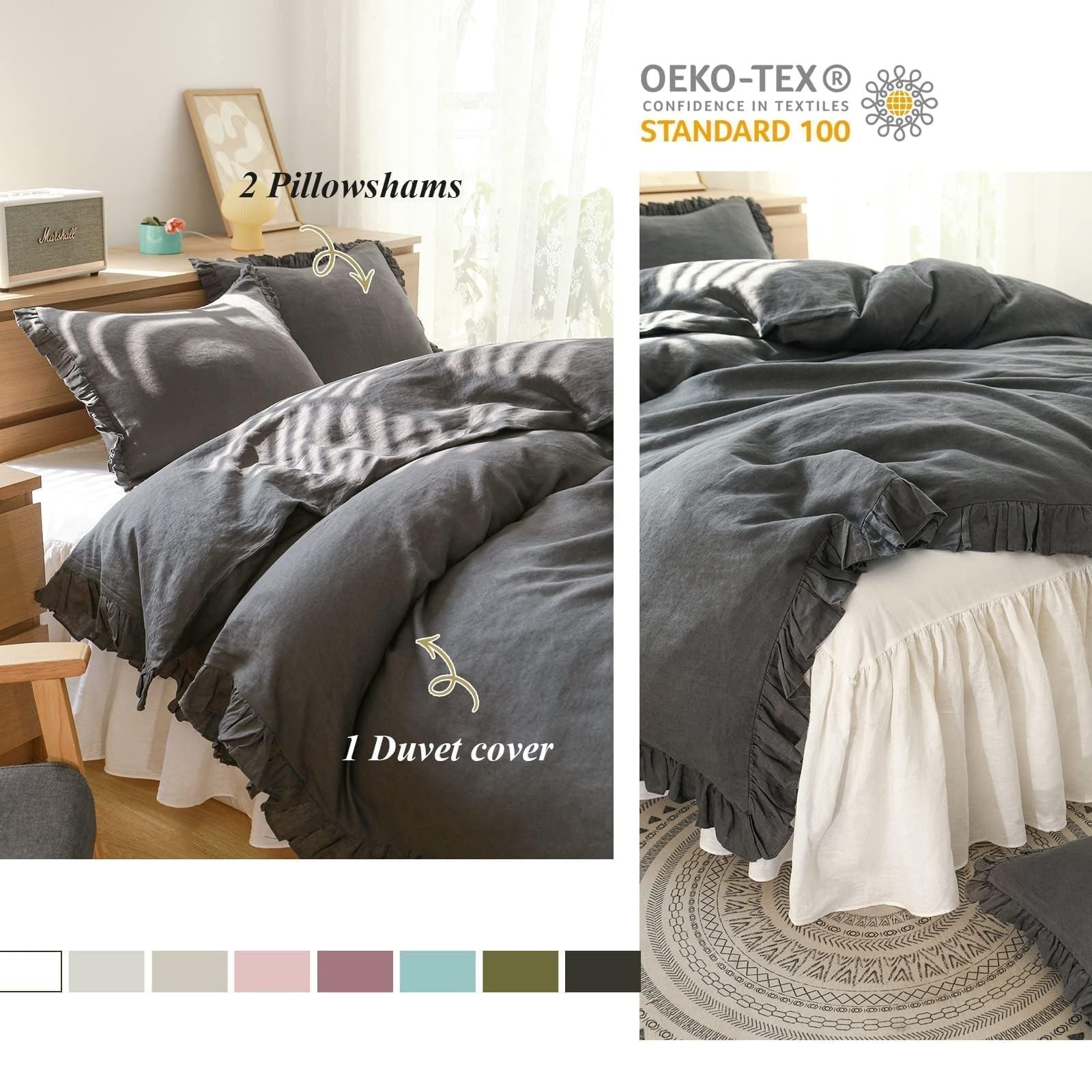 Simple&Opulence 100% Linen Duvet Cover Set, 3 PCS Natural French Flax Dark Gr...