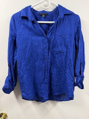 Saks Fifth Avenue Shirt Women s S Royal Blue 100% Linen Button Front Casual Roll