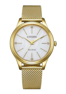 CITIZEN Eco Drive  Solar  EM1222-87A Damen Edelstahl Uhr Milanaiseband vergoldet