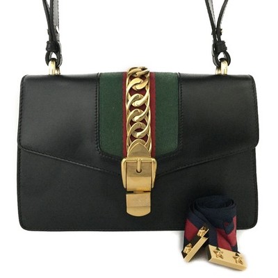 GUCCI Sylvie Sherry Line Leather 2WAY Shoulder Bag Black/7CA0398