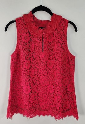 J. Crew Top Women's S Red Lace Lined Ruffle Neck Sleeveless Keyhole Holiday