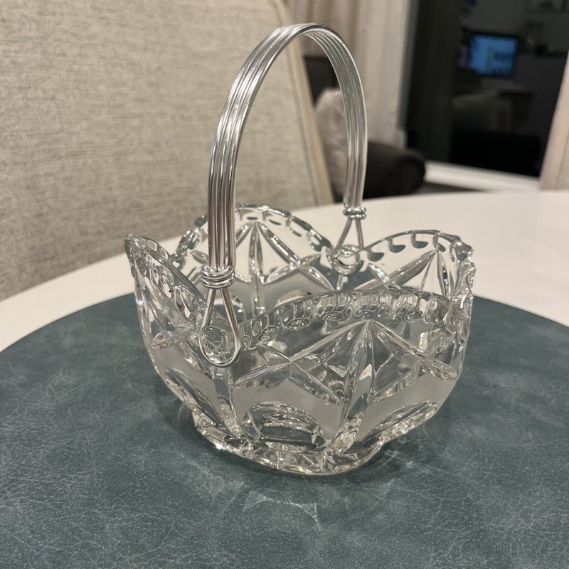 Vintage Etched Glass Basket With Triple Silver Handle