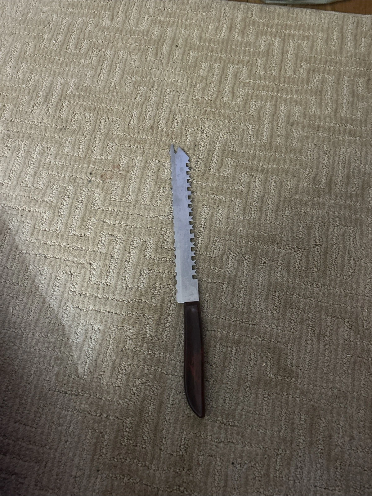 Vintage W.R. Feemster 15.5” Serrated Knife Brown Handle USA Pat 2973578