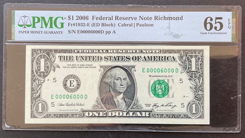 2006 $1 Dollar, Fancy Serial 00006000, FRN Richmond, VA Note Gem 65 EPQ PMG GEM - Picture 1 of 4
