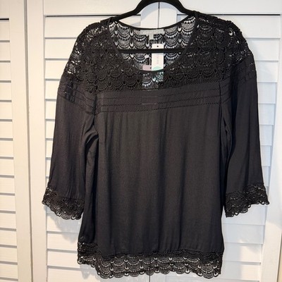 Daniel Rainn Black Lace Crochet Trim Top Blouse Womens L 3/4 Sleeve Rayon Cotton