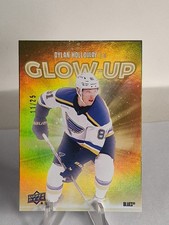 2025-26 Upper Deck Series 2 GU-23 Dylan Holloway Glow Up Gold 11/25 Blues