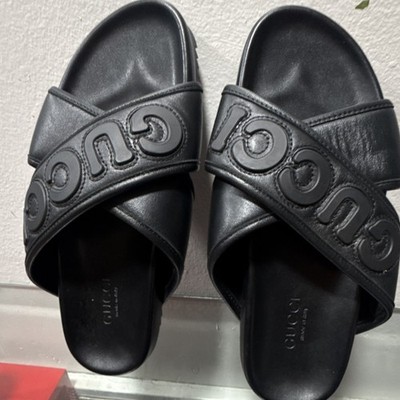 Gucci Logo Slide Sandals Black Leather Men display picture 1