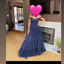 Ellie Wilde Mon Cheri Navy Blue Tulle Tiered Formal Prom Dress Size 4