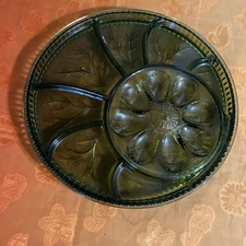 Vtg Indiana Green Glass Deviled Egg Divided Relish Serving Platter 13" Inch
