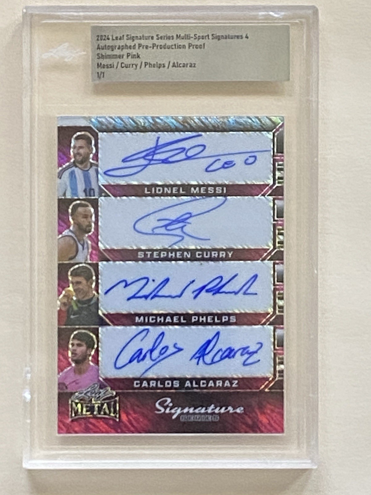 2024 LEAF METAL PINK LIONEL MESSI STEPHEN CURRY PHELPS ALCARAZ QUAD AUTO 1/1 view 1