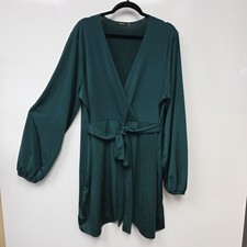 Boohoo Dress Womens 24 Green Wrap V Neck Long Sleeve Tie Waist Short Jersey Plus