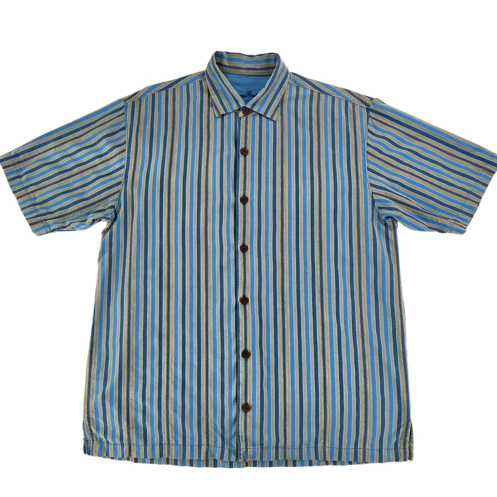 Tommy Bahama Silk Shirt Mens Medium Blue Stripe Short Sleeve Button Up