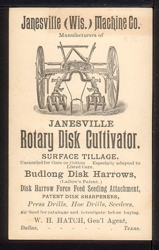 1890 Dallas Texas JANESVILLE MACHINE DISK CULTIVATOR Trade Card W H Hatch agent