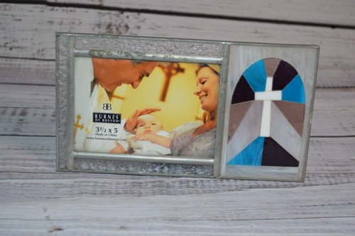 Vintage Burnes of Boston 3.5x5 Photo Frame Stained Glass White Cross GUC - 第 1/6 張圖片
