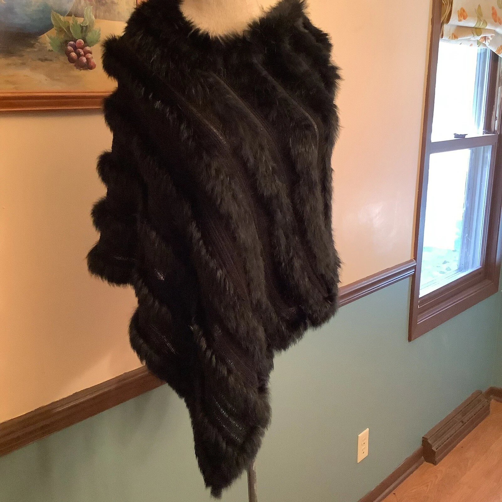 Bdba Rabbit Fur Polyester Knit O/S Poncho Black