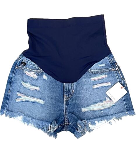 PinkBlush Maternity Shorts Blue Denim Jeans Distressed Full Belly Panel Size 25