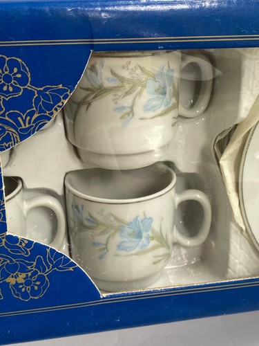 Demitasse Set Fine Porcelain 6 Cups 6 Saucers Pale Blue Flowers Children’s Size - Picture 2 of 13