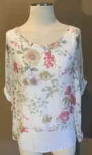 Made In Italy Luxe S/M Silk Blend White Floral Blouse Top W Light Sequins