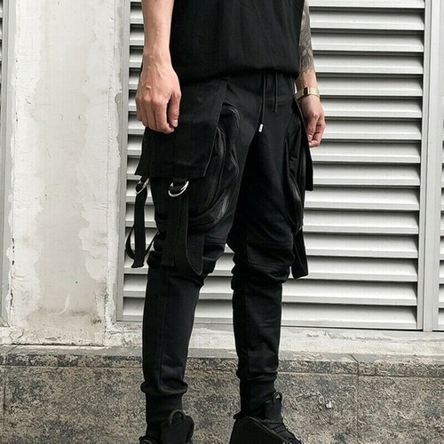 Uomo Cargo Tasche con Zip Pantaloni Coulisse Affusolato da Jogging Punk |  eBay