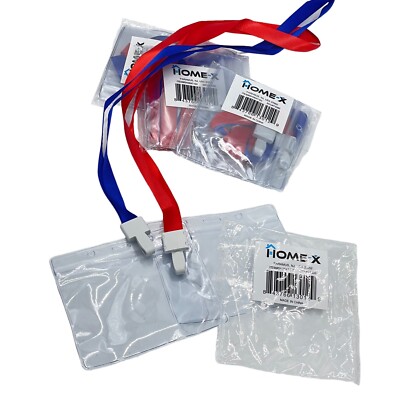 Lot Of 8 Name Tag with Lanyard ID or Vaccination Card Holder Blue & Red Zip Lock