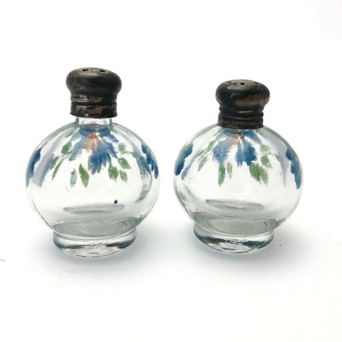 Vintage Depression Glass Salt Pepper Shaker Set Small Round Hand Painted Flowers - Picture 3 of 7