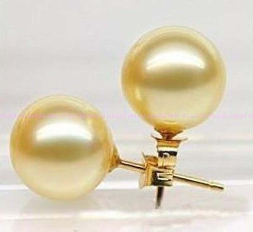 10mm Natural Gold Yellow South Sea Shell Pearl Stud Earrings - Picture 8 of 12