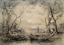 Large Pastoral Scene - Original Antique Drawing - Charcoal, White Chalk, Mine...