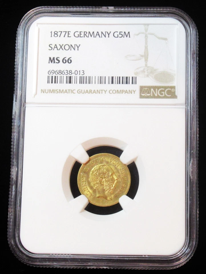 Estados alemanes Sajonia Alberto oro 5 marcos 1877-E MS66 NGC, Dresde como nuevo Foto 3 de 4