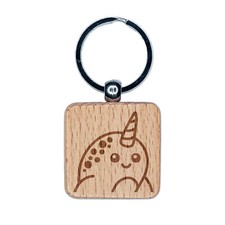 Peeking Narwhal Engraved Wood Square Keychain Tag Charm