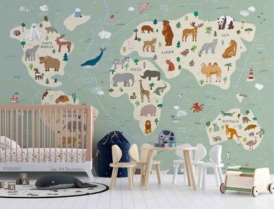 3D Cartoon World Map Wallpaper Wall Mural Removable Self-adhesive 236