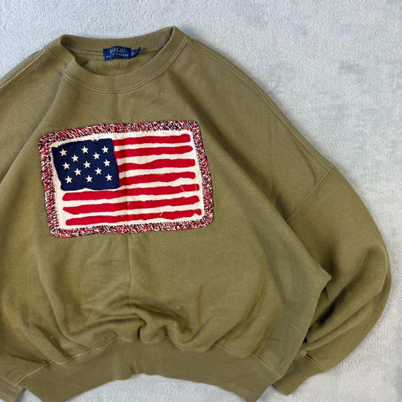 VTG Polo Ralph Lauren Khaki Green USA Flag Oversized Size XS Pullover Sweatshirt image 3