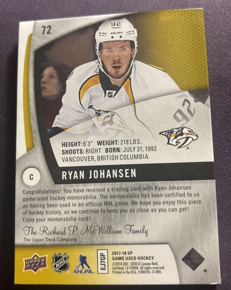 2017-18 SP Game Used Gold Spectrum Premium Materials /25 Ryan Johansen #72 - Image 2 of 2