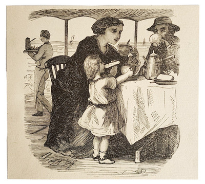 1880s Child At Seaside Cafe Family Wood Engraving Victorian Antique Art A5C