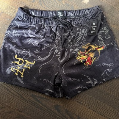 Y2K Ed Hardy Flashboard Mesh Shorts EHM8004-4 Size XL Black Tiger NWT