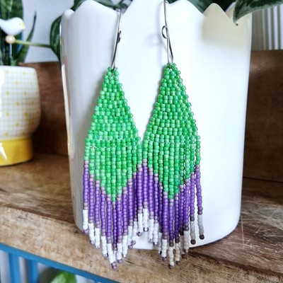 Handmade Green & Purple Beaded Fringe Cascade Dangle Earrings,  425''