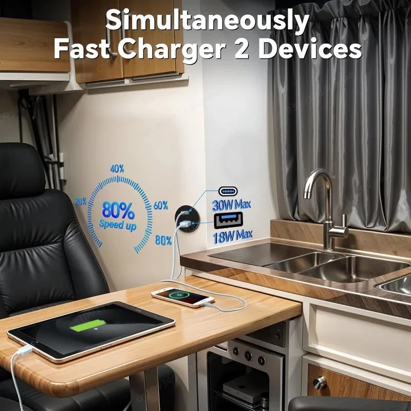 12V USB Car Charger Socket QC3.0 Type C PD 30W Fast Charging For RV Truck Boats - Image 3 of 4