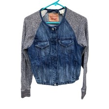 Levi  s Jean Denim Jacket Knit Sleeves Kids Medium 100 Cotton Bomber Pockets