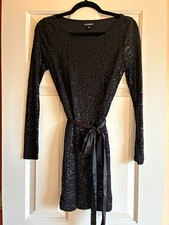 Express Women’s Black Sequin Scoop Neck Long Sleeve Belted Tie Mini Dress XS