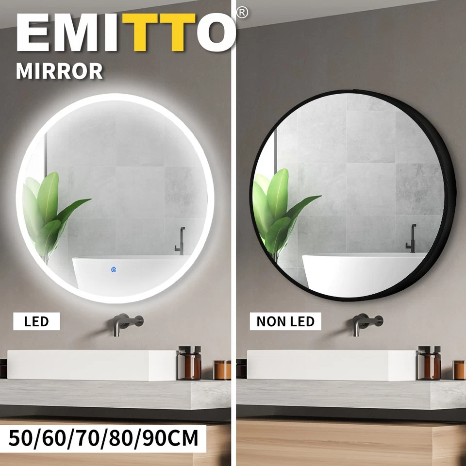Emitto Wall Mirror Makeup Mirrors Large Round Bathroom W/Light 50/60/70/80/90cm