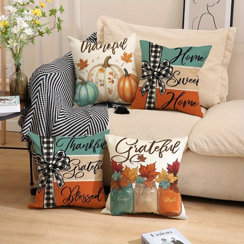 Set of 4 Fall Pumpkin Maple Throw Pillow Covers Thanksgiving Home Party Decor - Picture 3 of 9
