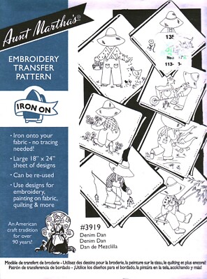 3919 Aunt Martha Embroidery Hot Iron Transfer Pattern Denim Dan Fishing ...
