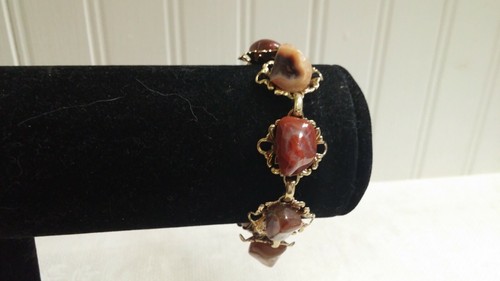 Vintage Goldtone Metal Filigree Polished Agate Stone Nugget Bead 7.75" Bracelet - Picture 4 of 5