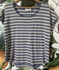 Chicos Size 2 US Large Striped Blue Metallic Boxy Fit Sleeveless Top